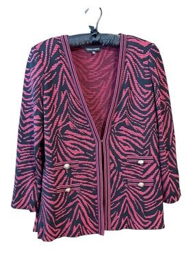 Ming Wang Black and Red Zebra-Print Knit Cardigan Blazer w/ Gold Buttons